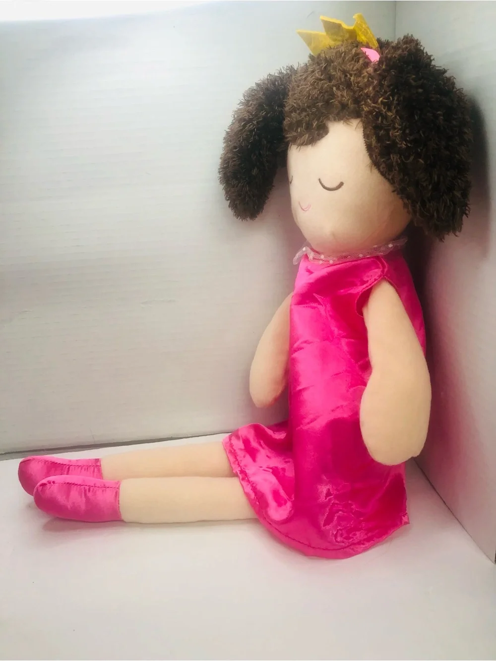 Pottery Barn Kids Princess Plush Doll Brunette Pigtails Pink Brown Satin Dress
